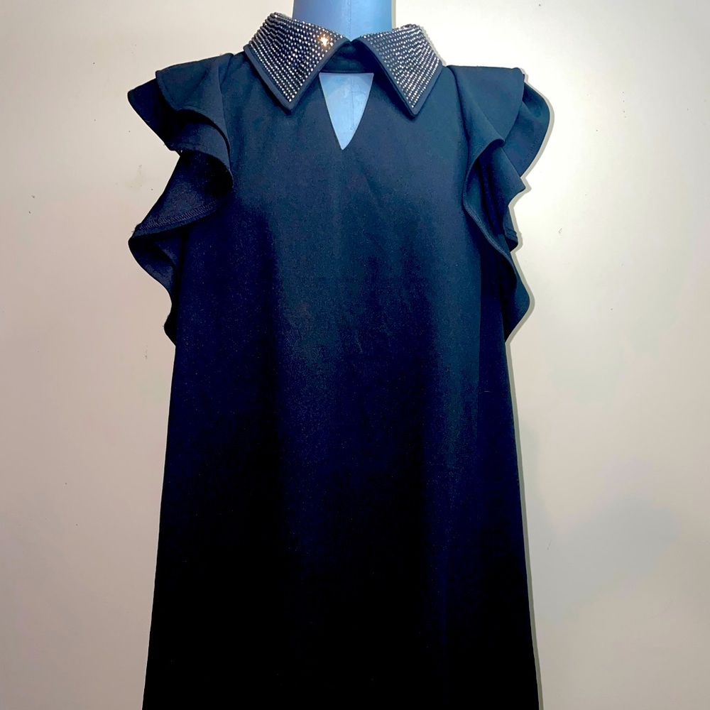 Gracie Black mini flare dress with V neck & rhinestone collar